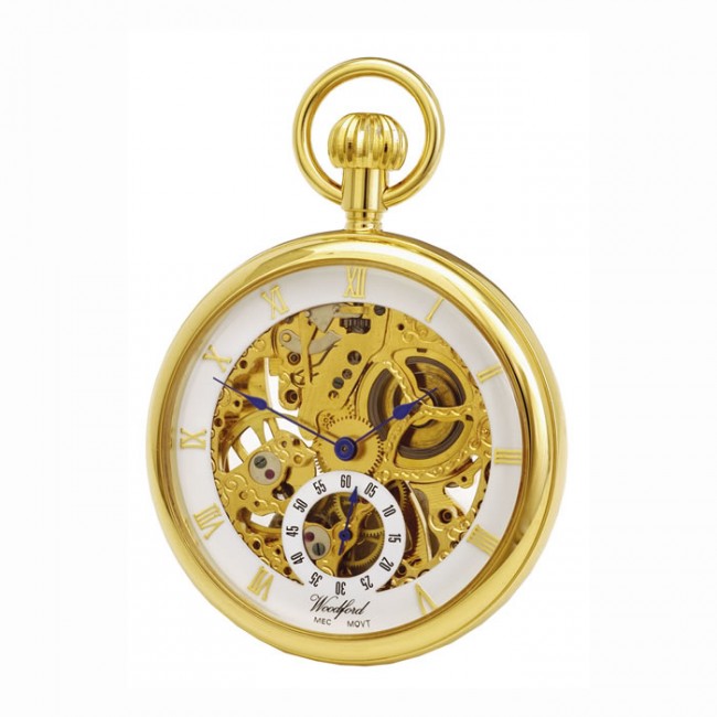 Gold Plated Spring Wound Skeleton Pocket Watch with Chain