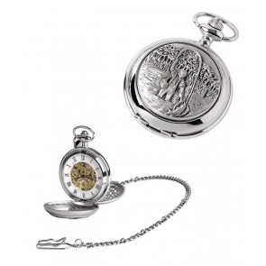 Chrome Fisherman Spring Wound Skeleton Pocket Watch With Chain