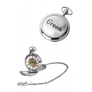 Chrome Groom Spring Wound Skeleton Pocket Watch With Chain