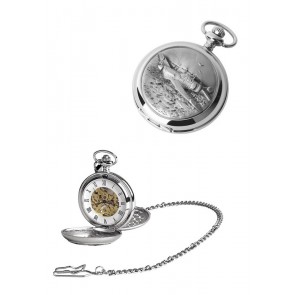 Chrome Spitfire Spring Wound Skeleton Pocket Watch With Chain