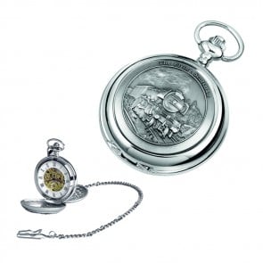 Chrome Train Spring Wound Skeleton Pocket Watch With Chain