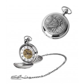 Chrome St Christopher Spring Wound Skeleton Pocket Watch With Chain