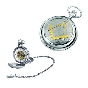 Chrome Gold Look Masonic Spring Wound Skeleton Pocket Watch With Chain