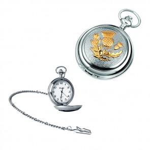 Chrome Gold Look Scottish Thistle Quartz Pocket Watch With Chain