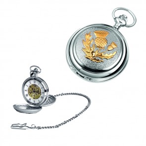Chrome Gold Look Scottish Thistle Spring Wound Skeleton Pocket Watch With Chain