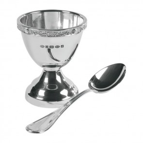 Sterling Silver Patterned Egg Cup And Spoon Set