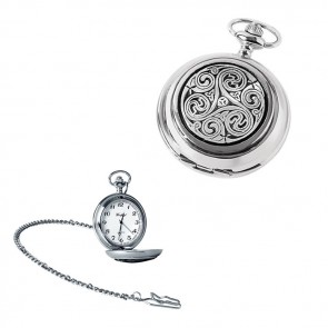 Chrome Celtic Swirl Quartz Pocket Watch With Chain