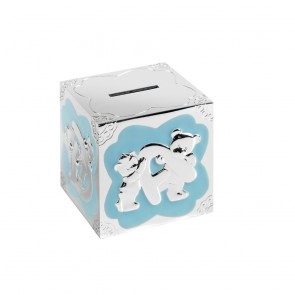 3 Inch Blue Teddy Pattern Cube Christening Occasions Money Box