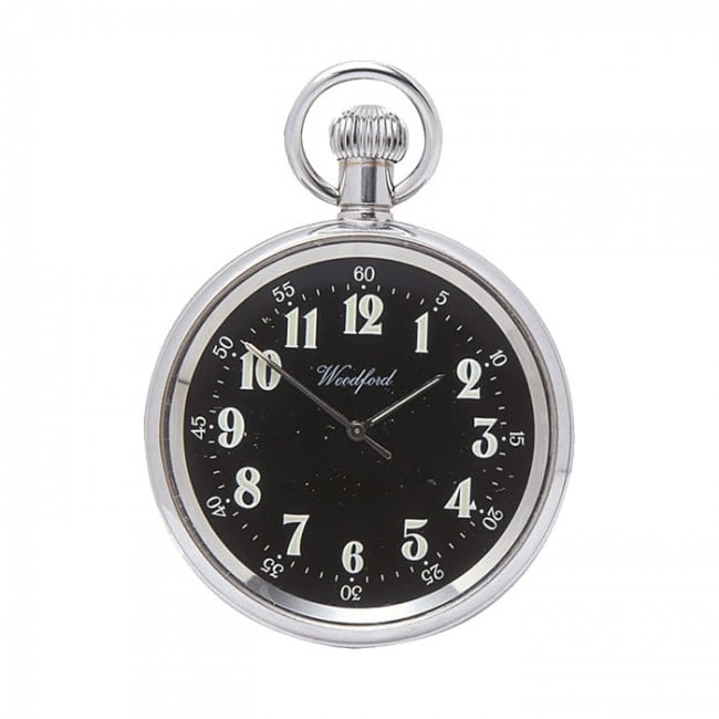 Chrome Black Face Spring Wound Pocket Watch With Chain