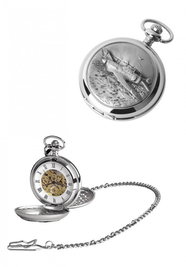 Chrome Spitfire Spring Wound Skeleton Pocket Watch With Chain