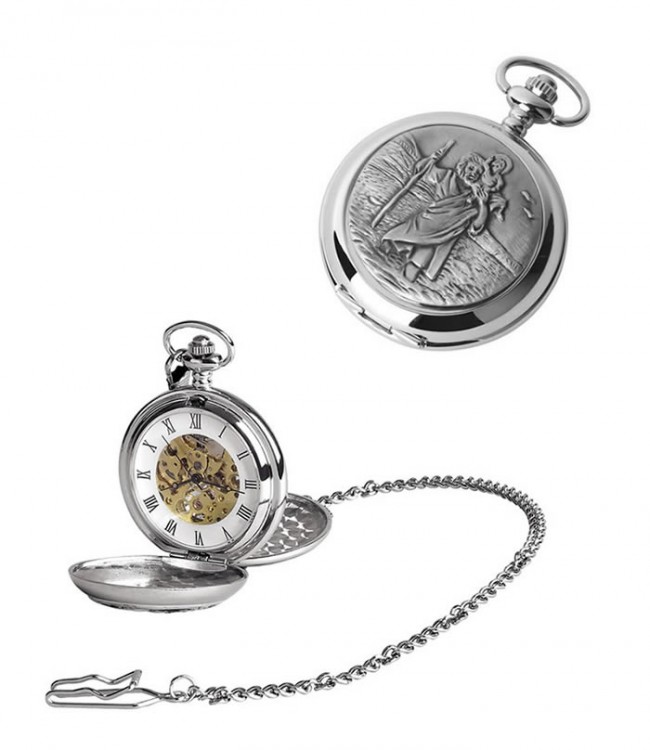 Chrome St Christopher Spring Wound Skeleton Pocket Watch With Chain