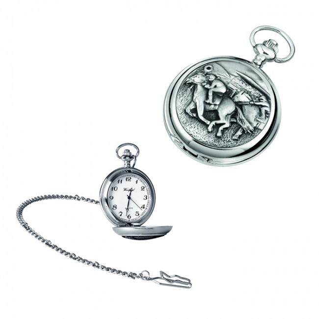 Chrome Horse And Jockey Quartz Pocket Watch With Chain