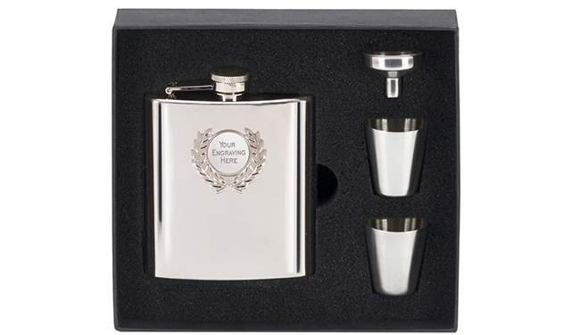 engraved silver hip flask